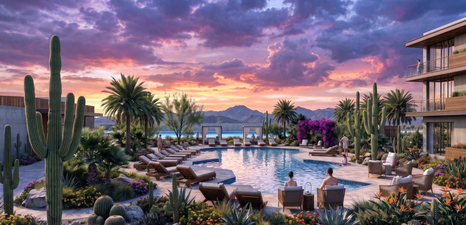 Resort pool and desert garden at sunset